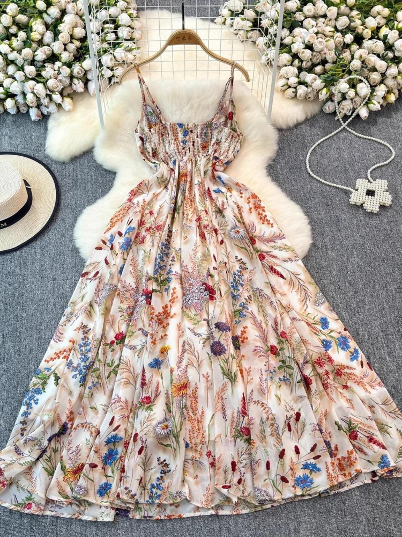 Women's Boho Style Floral-Print Spaghetti Strap Cami Dress, Bohemian Fashion Casual A-Line Dress for Beach Holiday Vacation, Perfect for Summer