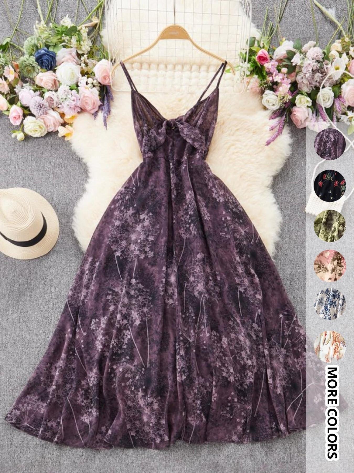 Women's Boho Style Floral-Print Spaghetti Strap Cami Dress, Bohemian Fashion Casual A-Line Dress for Beach Holiday Vacation, Perfect for Summer