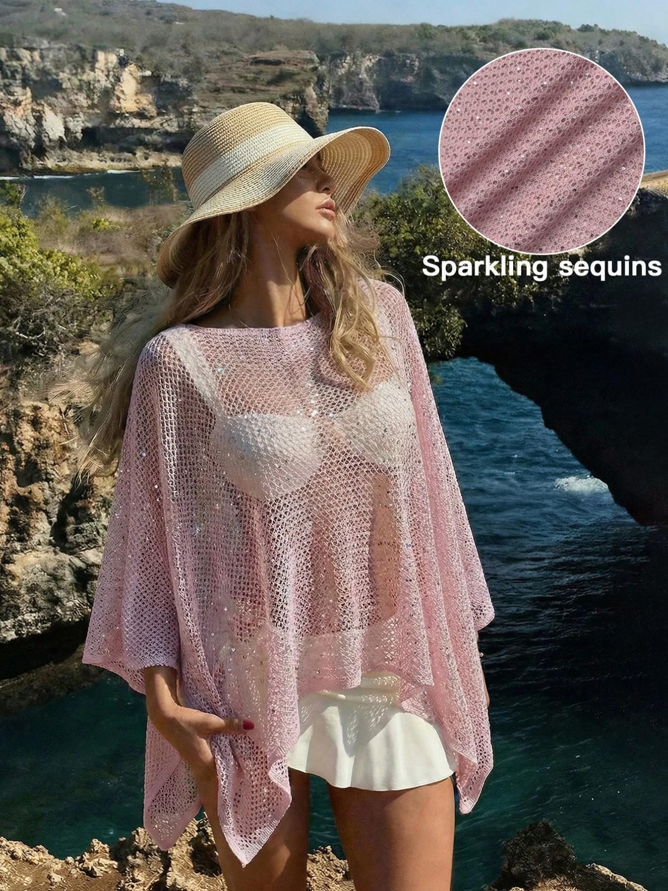 Elegant Women's Spring Summer Fashion Casual Knitted Hollow Out Hoodie, Sequin Boat Neck Pure Color Semi-Transparent Top Elegant Women's Spring Summer Fashion Casual Knitted Hollow Out Hoodie, Sequin Boat Neck Pure Color Semi-Transparent Top