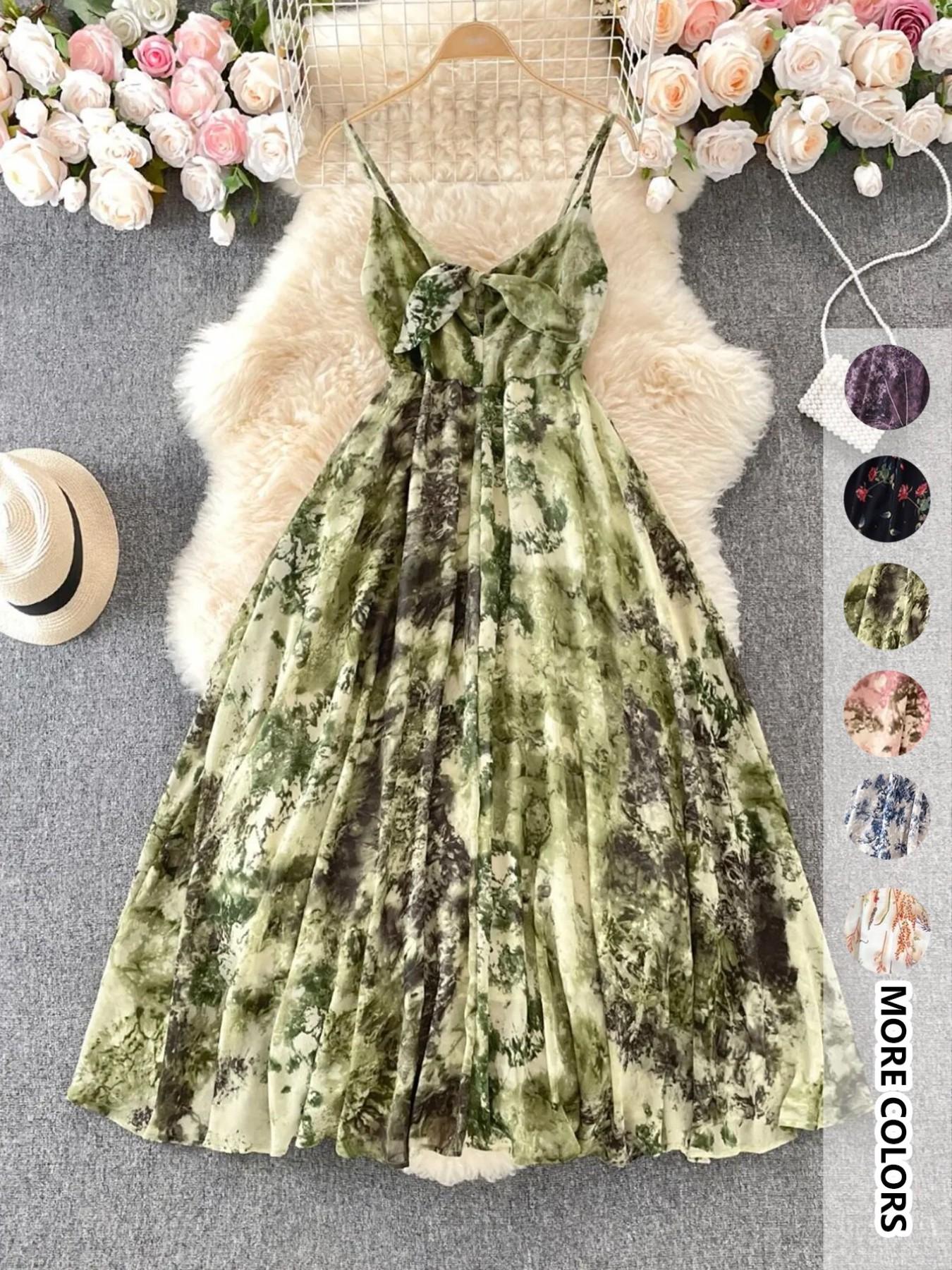 Women's Boho Style Floral-Print Spaghetti Strap Cami Dress, Bohemian Fashion Casual A-Line Dress for Beach Holiday Vacation, Perfect for Summer