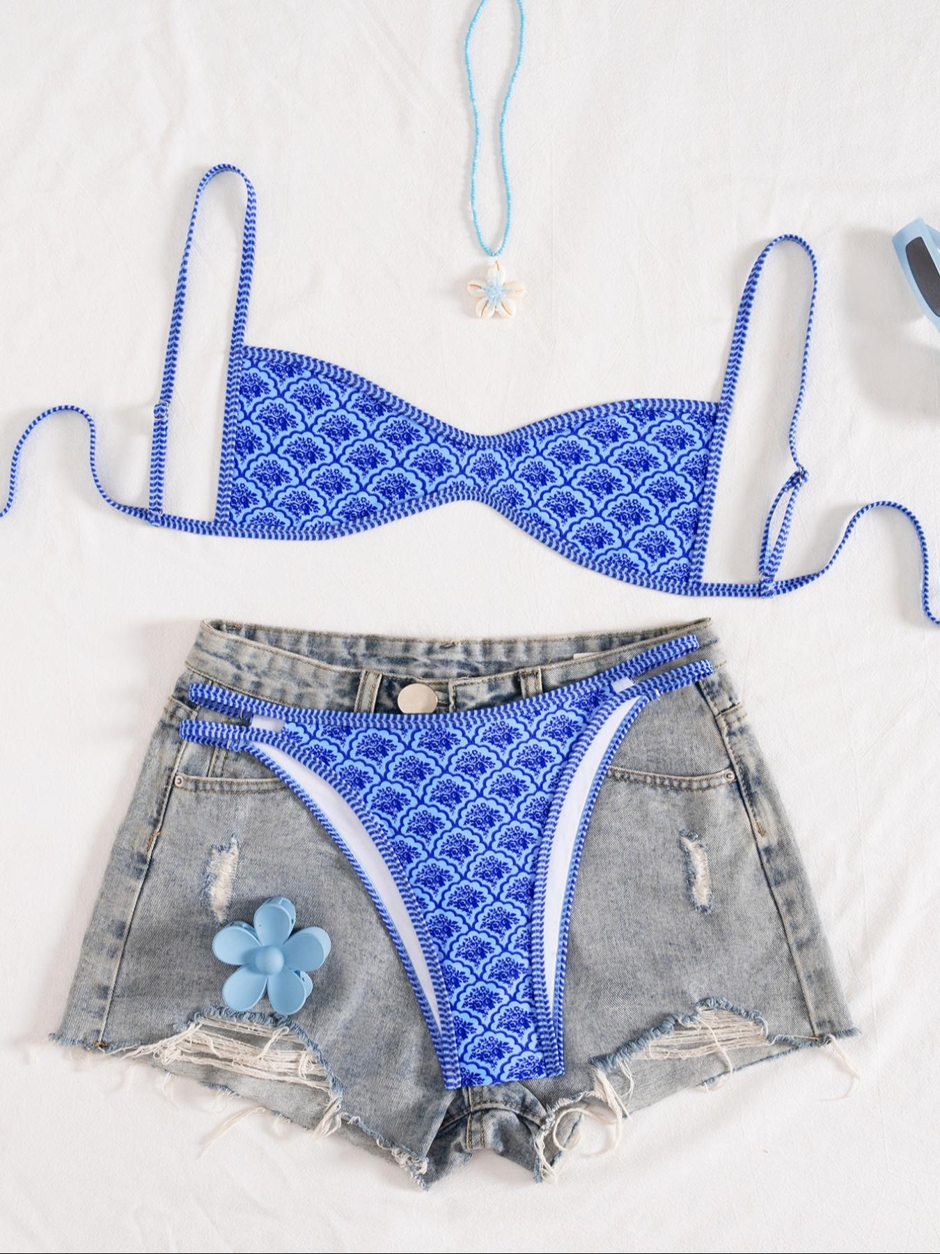Women's Summer New Ethnic Print Sexy Bikini Set, Sleeveless Quick Dry Thong Bottoms, Beach Resort Pool Party Fashion Swimwear Women's Summer New Ethnic Print Sexy Bikini Set, Sleeveless Quick Dry Thong Bottoms, Beach Resort Pool Party Fashion Swimwear