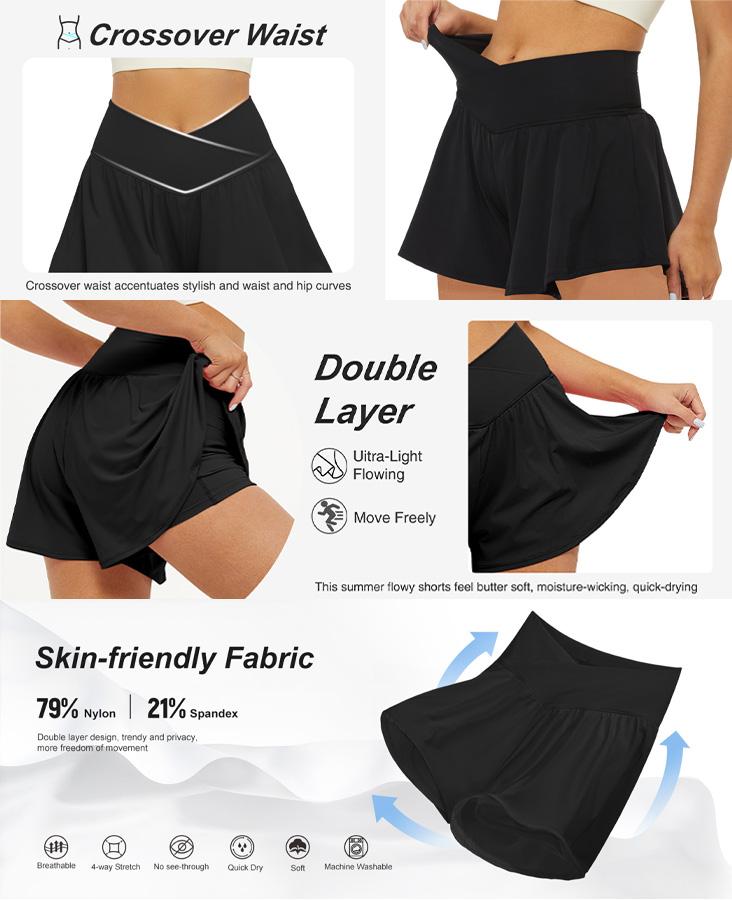 FireSwan Crossover Athletic Shorts for Women 2 in 1 Flowy Running Shorts with Pockets Spandex Butterfly Workout Tennis Skorts#Summervibes