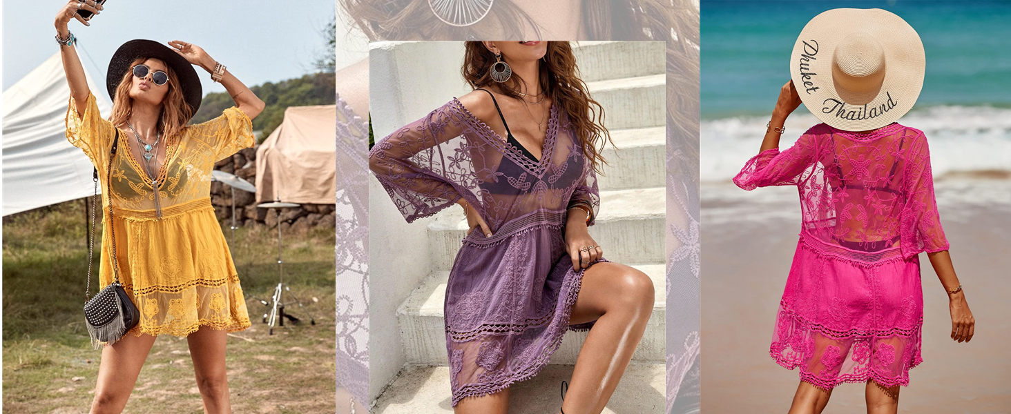 Eomenie Women's Contrast Lace Bathing Suit Cover Up V-Neck Coverups