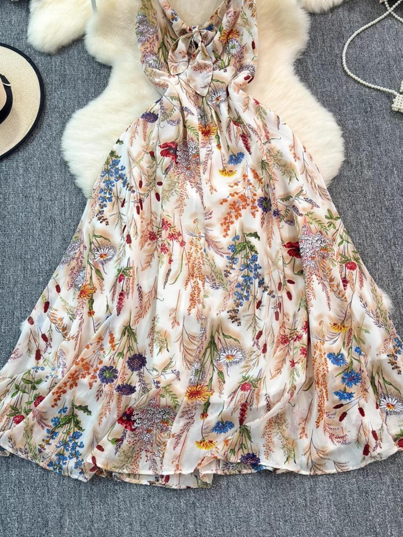 Women's Boho Style Floral-Print Spaghetti Strap Cami Dress, Bohemian Fashion Casual A-Line Dress for Beach Holiday Vacation, Perfect for Summer