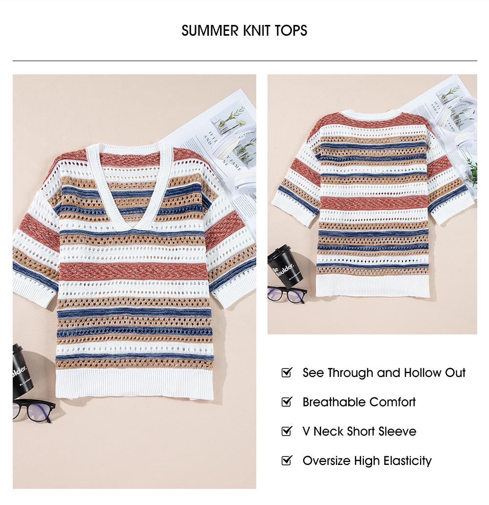 EVALESS Women's Casual Crochet Summer T Shirts V Neck Short Sleeve Loose Fit Striped Hollow Out Knitwear Tops 2026 Womenswear Outfits SummerVibes