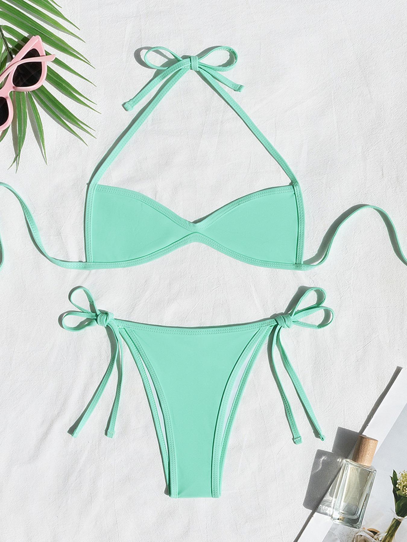 Women's Two-piece Plain or Colorblock Bikinis Set for Summer, Halter Tie-Back Bikini Top & Tie-Side High-Cut Bikini Bottom, Ladies Summer Swimwear for Beach Holiday Women's Two-piece Plain or Colorblock Bikinis Set for Summer, Halter Tie-Back Bikini Top & Tie-Side High-Cut Bikini Bottom, Ladies Summer Swimwear for Beach Holiday