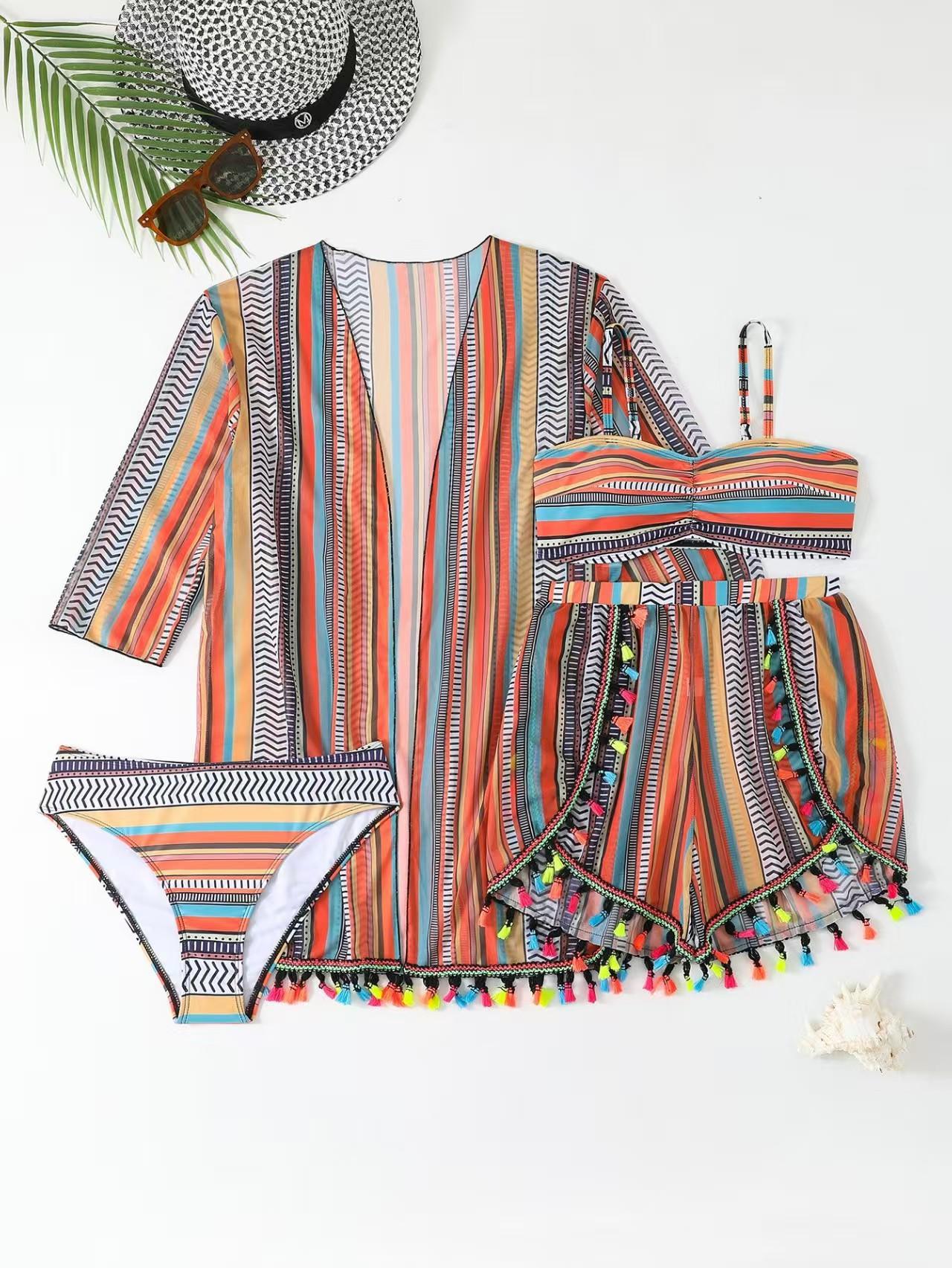 BIGWIG Women's Strappy Set, Four-Piece Printed Swimsuit, Sexy Bandage-Style Beachwear, Bohemian Resort Set, Sun Protection Cover-Up, Sexy Tassel Four-Piece Set, Swimsuit Set bathing suit bikini tankini women Floral Silk rash guard BIGWIG Women's Strappy Set, Four-Piece Printed Swimsuit, Sexy Bandage-Style Beachwear, Bohemian Resort Set, Sun Protection Cover-Up, Sexy Tassel Four-Piece Set, Swimsuit Set bathing suit bikini tankini women Floral Silk rash guard
