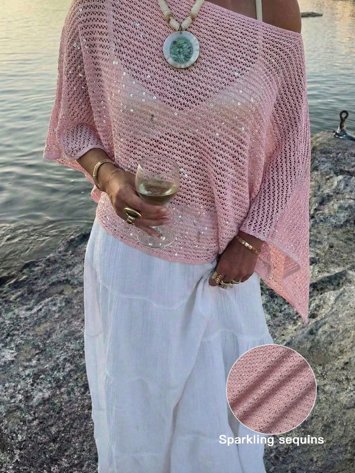 Elegant Women's Spring Summer Fashion Casual Knitted Hollow Out Hoodie, Sequin Boat Neck Pure Color Semi-Transparent Top Elegant Women's Spring Summer Fashion Casual Knitted Hollow Out Hoodie, Sequin Boat Neck Pure Color Semi-Transparent Top