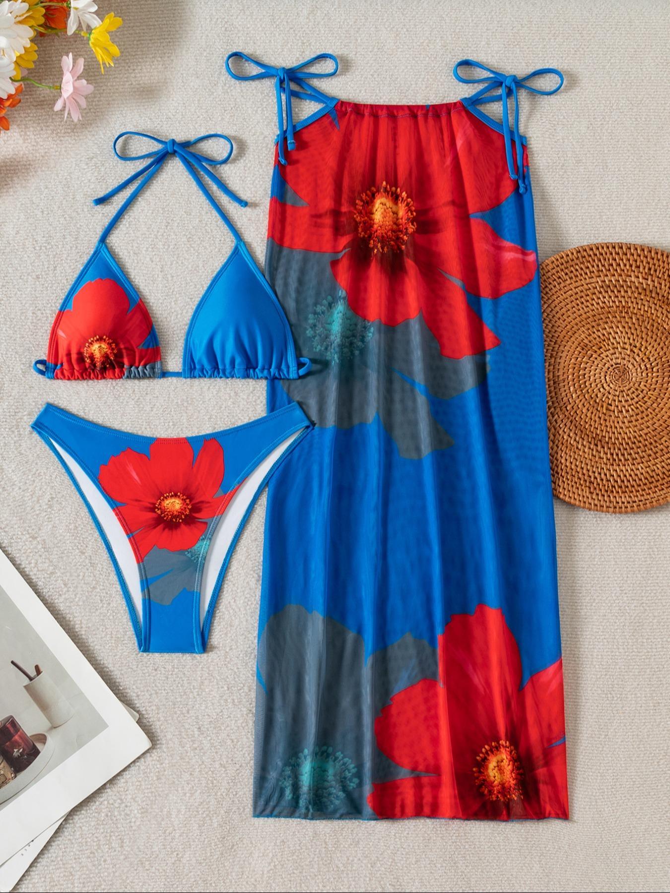 Three-Piece Women's Floral Print Bikini Set, Casual Fashion Chic Swimsuit Set for Beach Vacation, Ladies Swimwear for All Seasons, Flower Print Bikini, Tie Side Bikini Three-Piece Women's Floral Print Bikini Set, Casual Fashion Chic Swimsuit Set for Beach Vacation, Ladies Swimwear for All Seasons, Flower Print Bikini, Tie Side Bikini