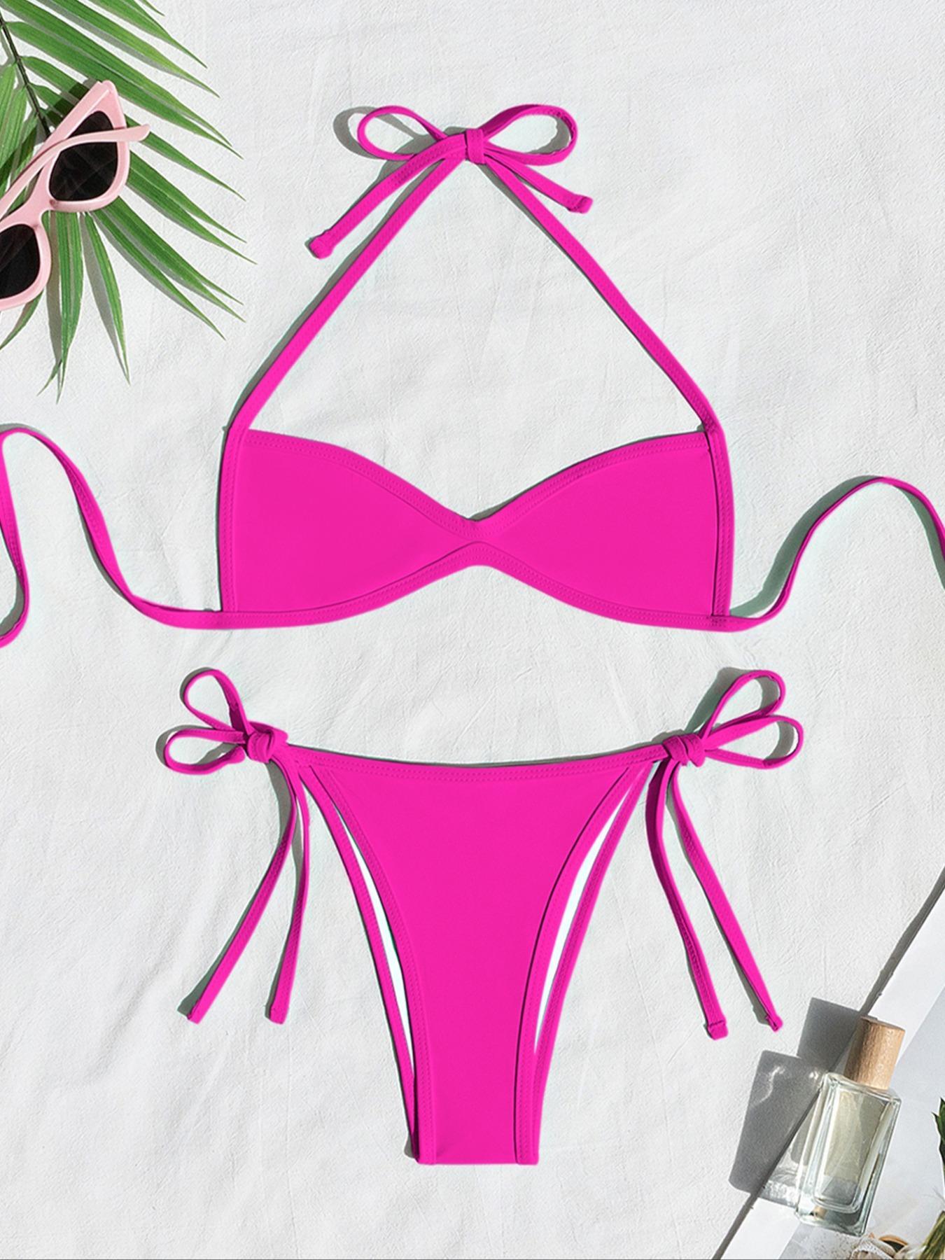 Women's Two-piece Plain or Colorblock Bikinis Set for Summer, Halter Tie-Back Bikini Top & Tie-Side High-Cut Bikini Bottom, Ladies Summer Swimwear for Beach Holiday Women's Two-piece Plain or Colorblock Bikinis Set for Summer, Halter Tie-Back Bikini Top & Tie-Side High-Cut Bikini Bottom, Ladies Summer Swimwear for Beach Holiday