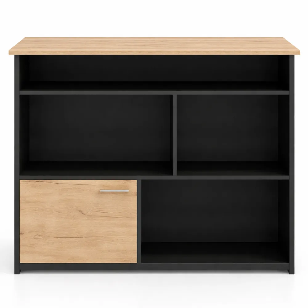 Kompakter Bartisch mit klappbarer Tischplatte und Stauraum in Eichenoptik