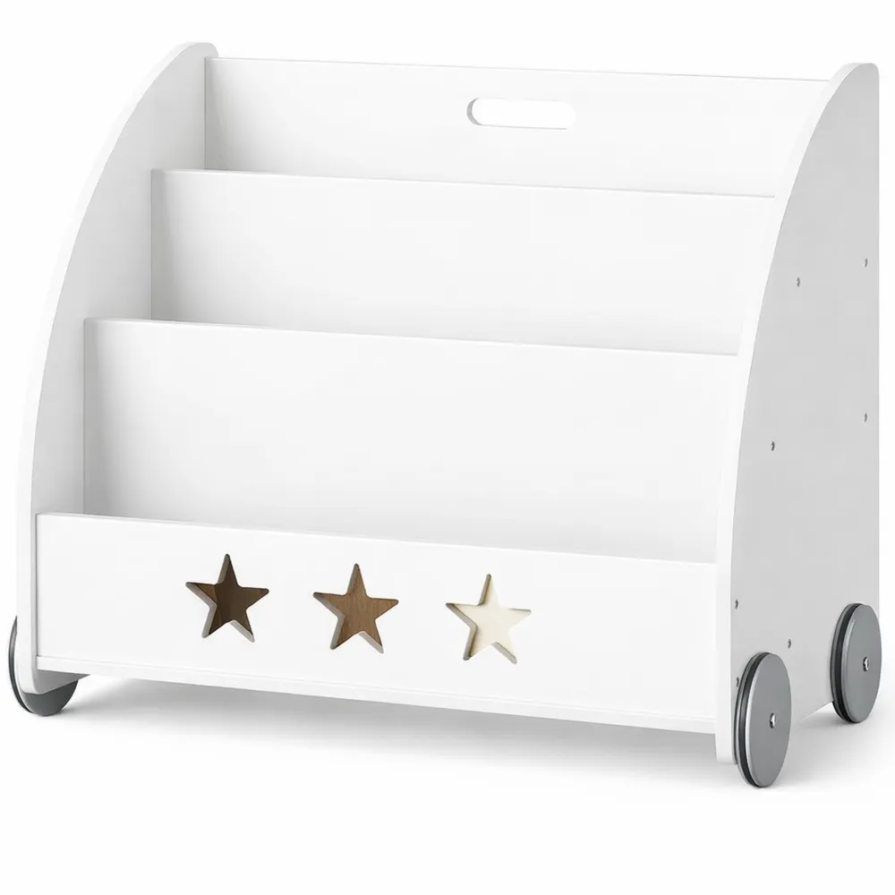 Kinder-Bücherregal mit Rollen und 3 Ablagen, Holzregal für Kinderzimmer, Mehrzweck-Organizer in Weiß