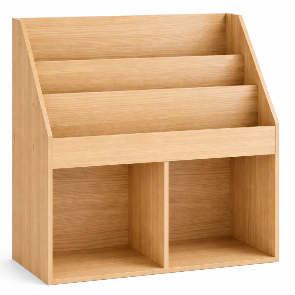 Kindgerechtes Bücherregal mit Ablagefächern in Naturholz