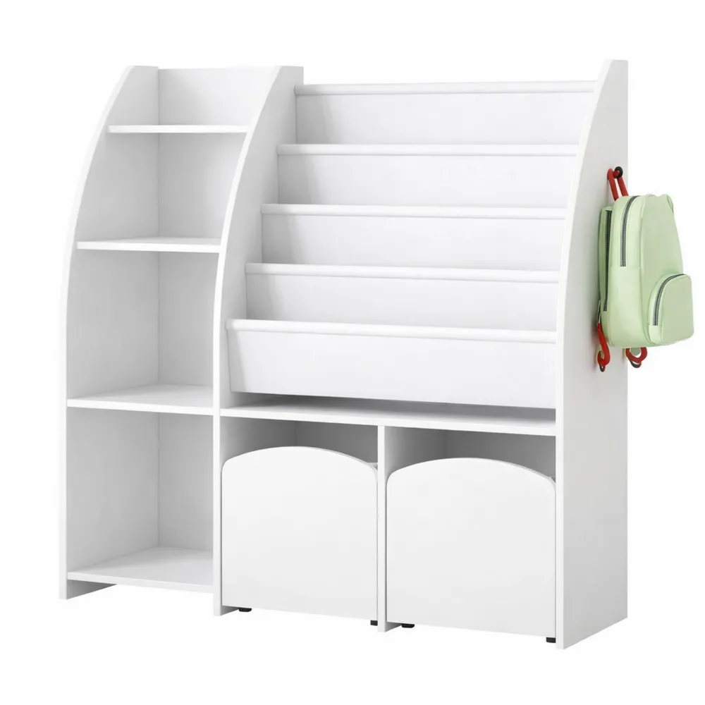 Kinder-Bücherregal mit Zeitungsständer und Aufbewahrungsbox, 4 Ebenen, Weiß