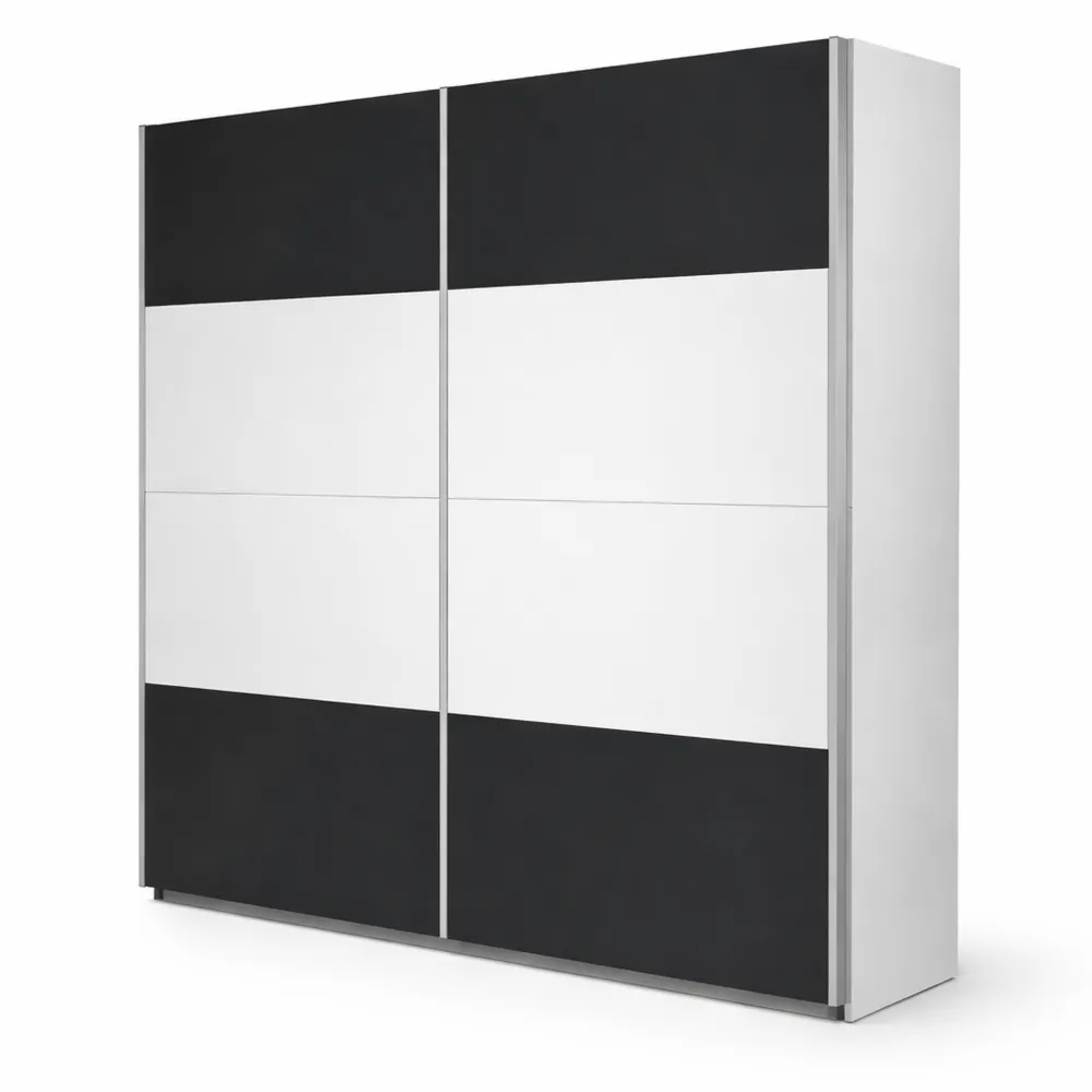 Schiebetüren-Kleiderschrank für Schlafzimmer mit Einlegeböden und Kleiderstangen, Weiß/Grau metallic, Breite 226 cm