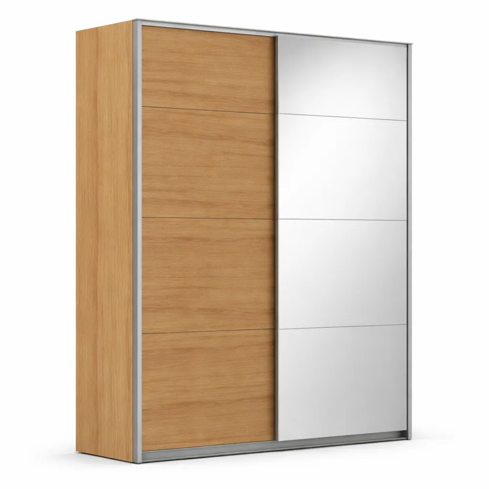 Kleiderschrank mit Schiebetüren, 2-türig, mit Spiegel, inkl. Einlegeböden und Kleiderstangen, Eiche Sonoma, 136 cm breit