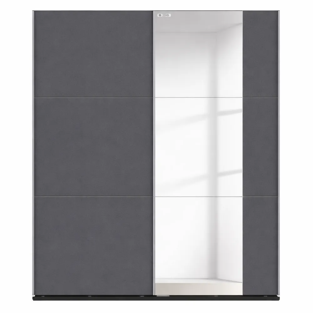 Moderner Schwebetürenschrank mit Spiegel und Zubehör, 2-türig, Grau Metallic, Schwarz, 175x210x59 cm