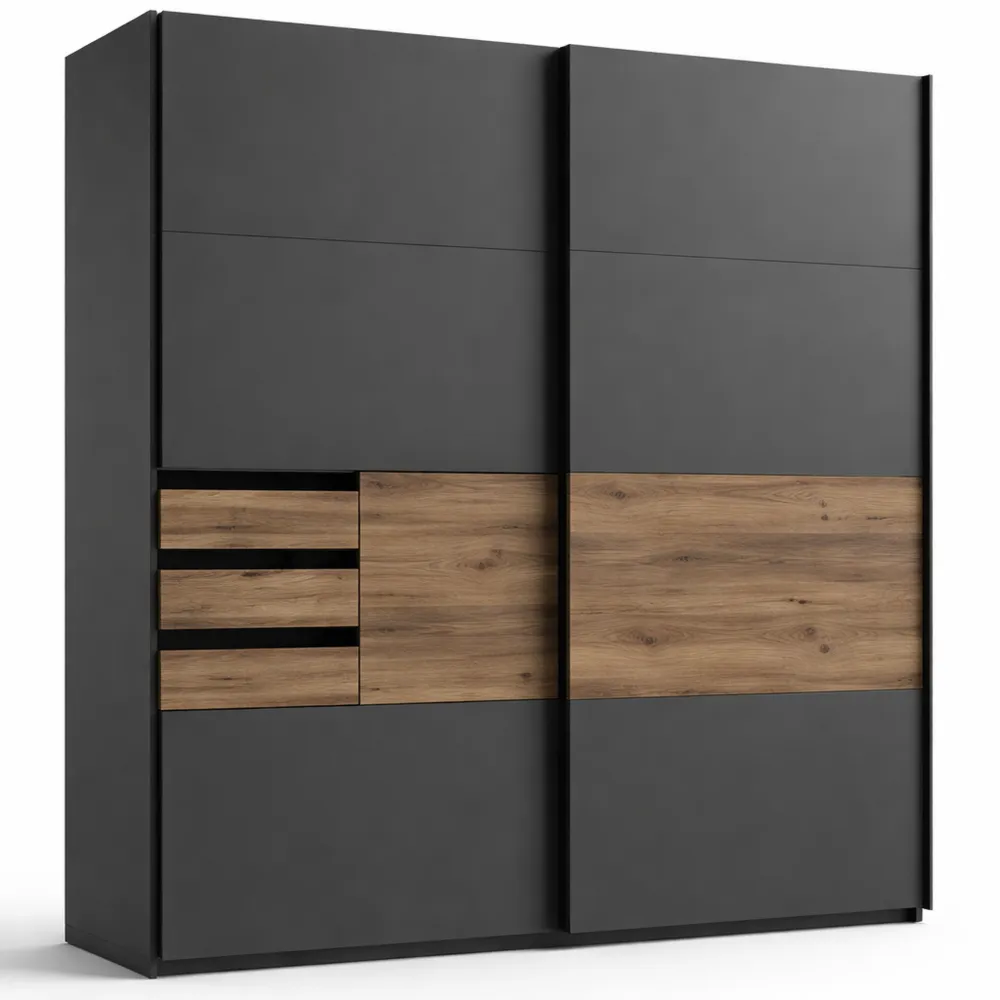 Großer Schwebetürenschrank mit Schubladen in Graphit und Eiche