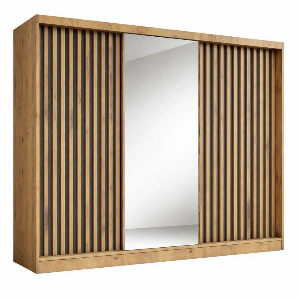 Großer Schwebetürenschrank mit Spiegel und Lamellen, Kleiderstange, Mehrzwecknutzung, 240 cm, braun-schwarz