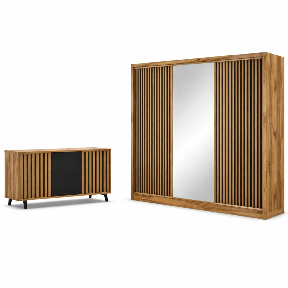 Kleiderschrank mit Schiebetüren und Spiegel, geriffelte Fronten, 250x215x60 cm