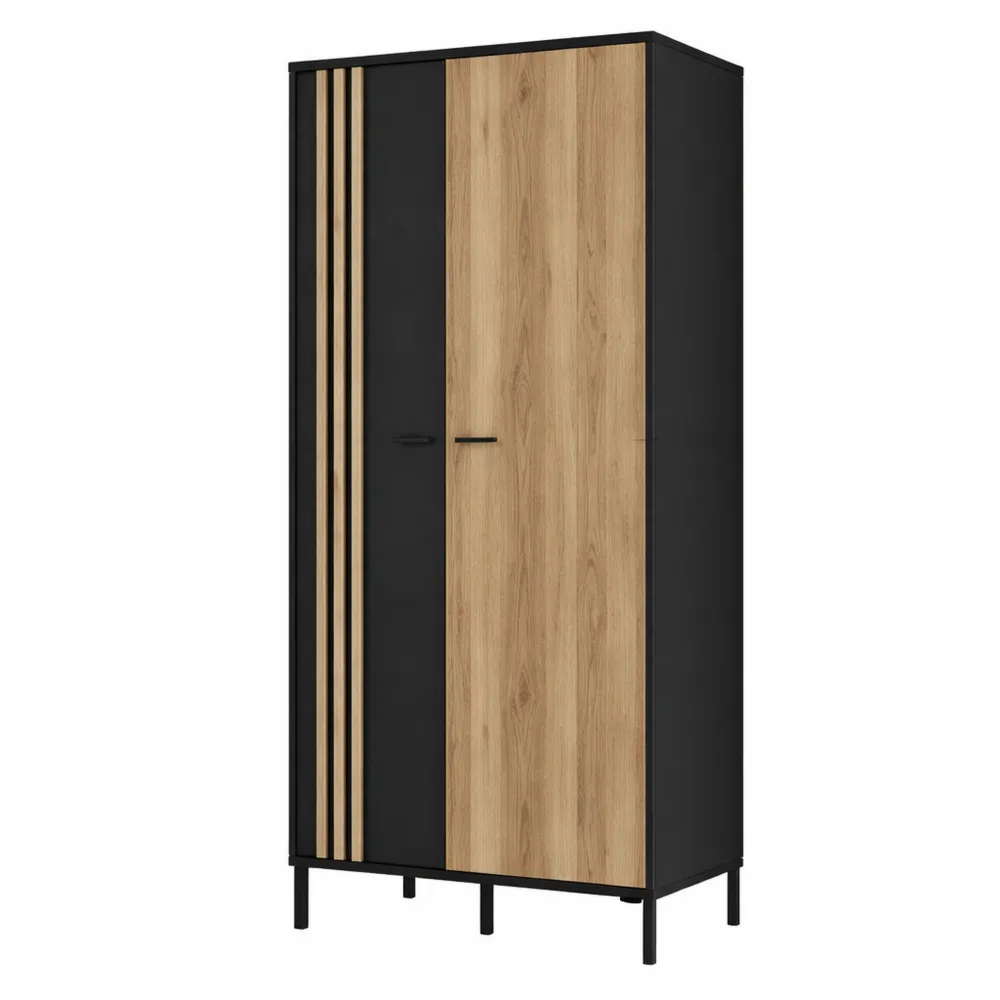 2-türiger Drehtürenschrank mit Lamellen und Einlegeböden, Holzwerkstoff, Eiche/Schwarz, 92 cm breit
