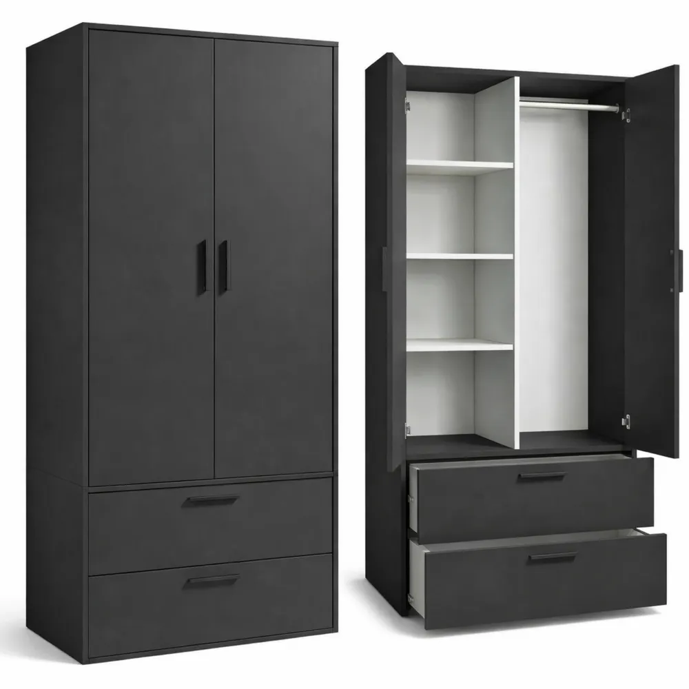 Hölzerner Kleiderschrank mit 2 Schubladen und 4 Fächern in Schwarz