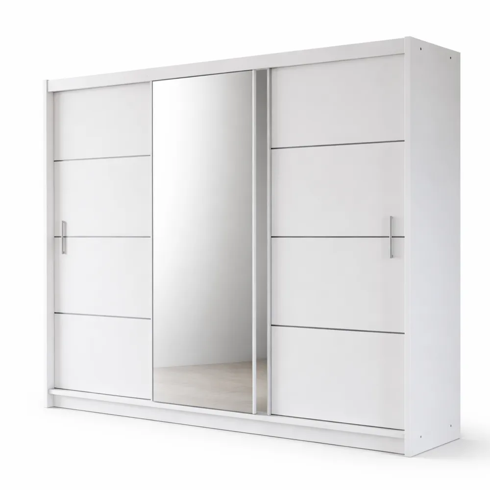 Schwebetürenschrank mit Spiegel, 250 cm, Weiß, Kleiderstange, Wohnzimmer