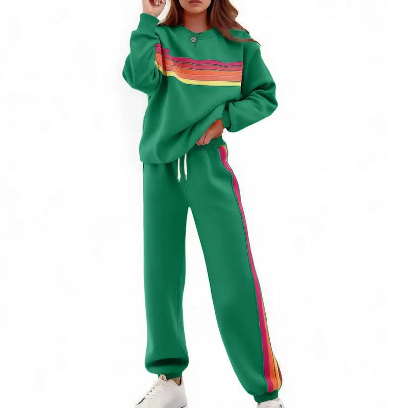 Women's 2-Piece Boxy Retro Rainbow Stripe Crewneck Sweat Set - Long Sleeve Shirt, Fitted Track Pants, Casual Activewear, Machine Washable Lounge Athleisure Chic Outfit