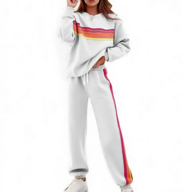 Women's 2-Piece Boxy Retro Rainbow Stripe Crewneck Sweat Set - Long Sleeve Shirt, Fitted Track Pants, Casual Activewear, Machine Washable Lounge Athleisure Chic Outfit