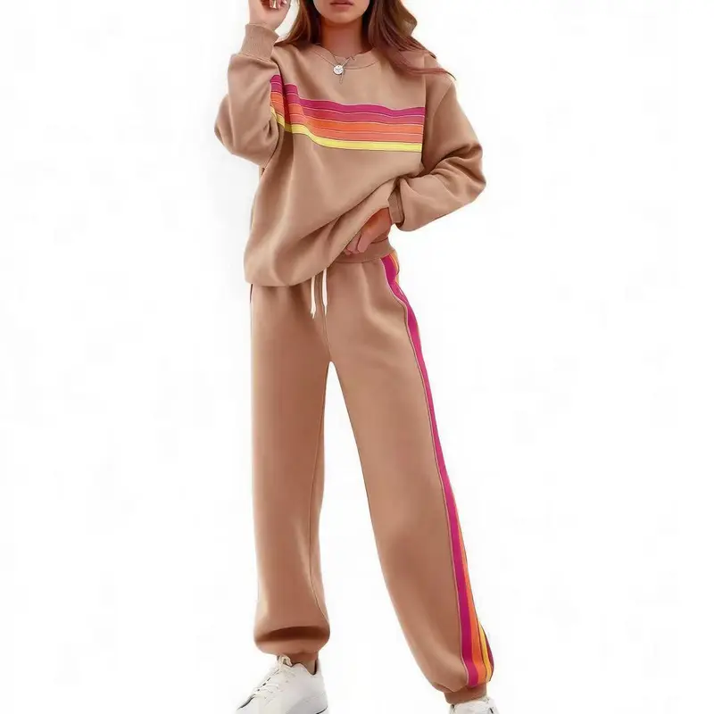 Women's 2-Piece Boxy Retro Rainbow Stripe Crewneck Sweat Set - Long Sleeve Shirt, Fitted Track Pants, Casual Activewear, Machine Washable Lounge Athleisure Chic Outfit