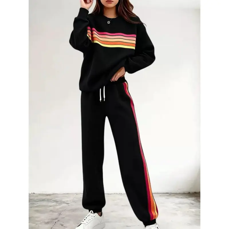 Women's 2-Piece Boxy Retro Rainbow Stripe Crewneck Sweat Set - Long Sleeve Shirt, Fitted Track Pants, Casual Activewear, Machine Washable Lounge Athleisure Chic Outfit