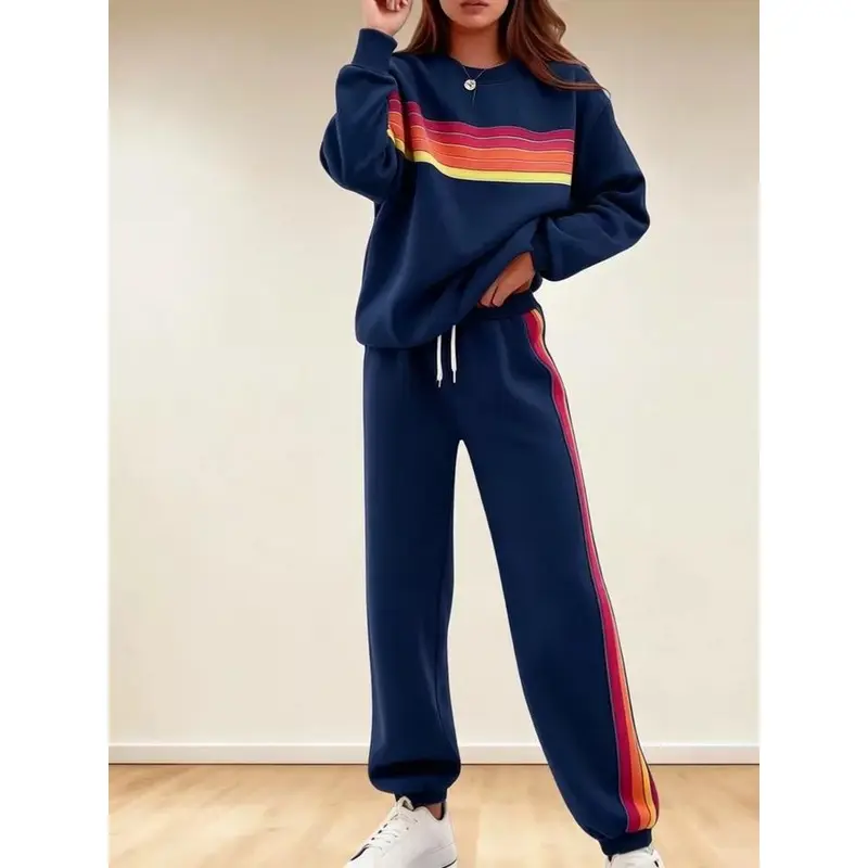 Women's 2-Piece Boxy Retro Rainbow Stripe Crewneck Sweat Set - Long Sleeve Shirt, Fitted Track Pants, Casual Activewear, Machine Washable Lounge Athleisure Chic Outfit