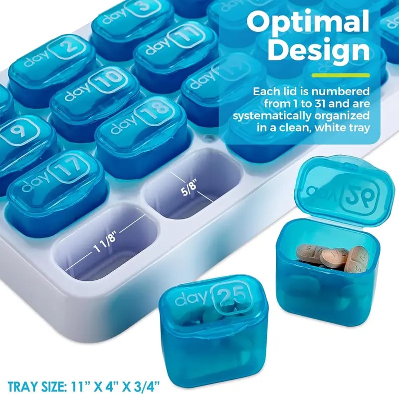 💊Monthly Pill Organizer with Lid - Arthritis-Friendly Easy-Open Lids 31 Removable Daily Pill Pods Date Reminder & Travel Case for Vitamins & Medications