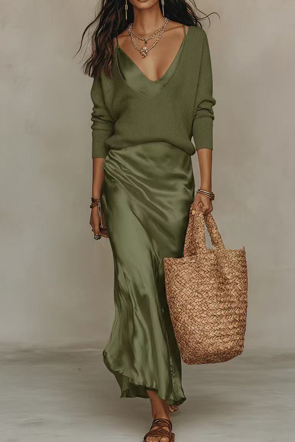 Margovil V Neck Drop Shoulder Sweater and Satin Maxi Cami Dress Set