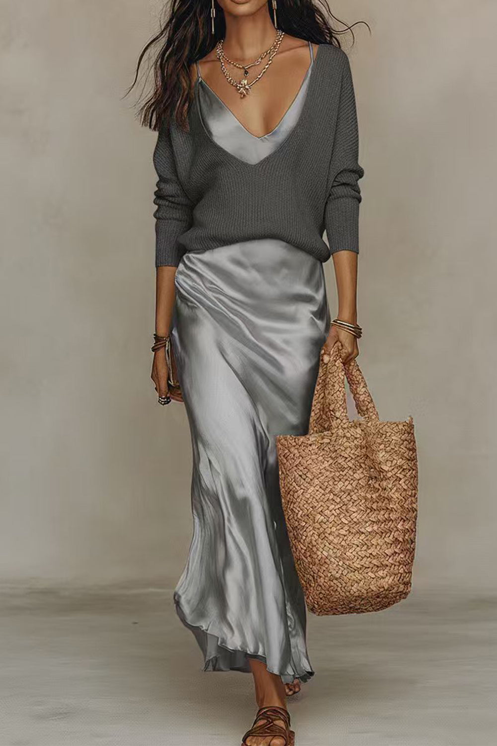 Margovil V Neck Drop Shoulder Sweater and Satin Maxi Cami Dress Set