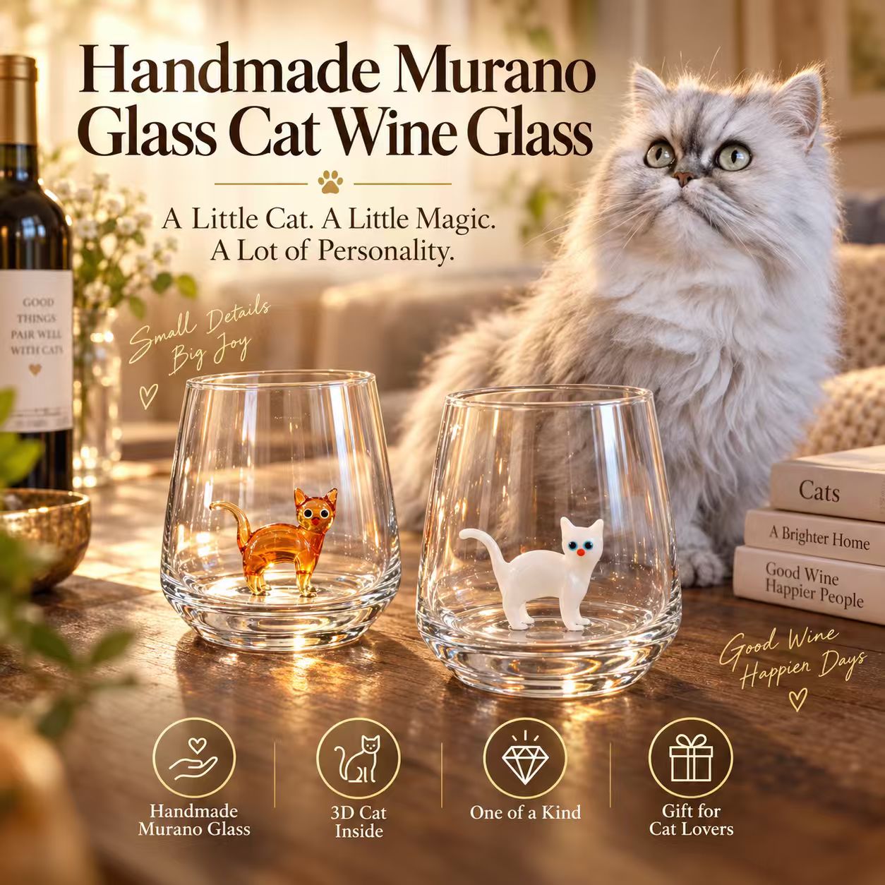 3D Cat Inside Murano Wine Glass Detail