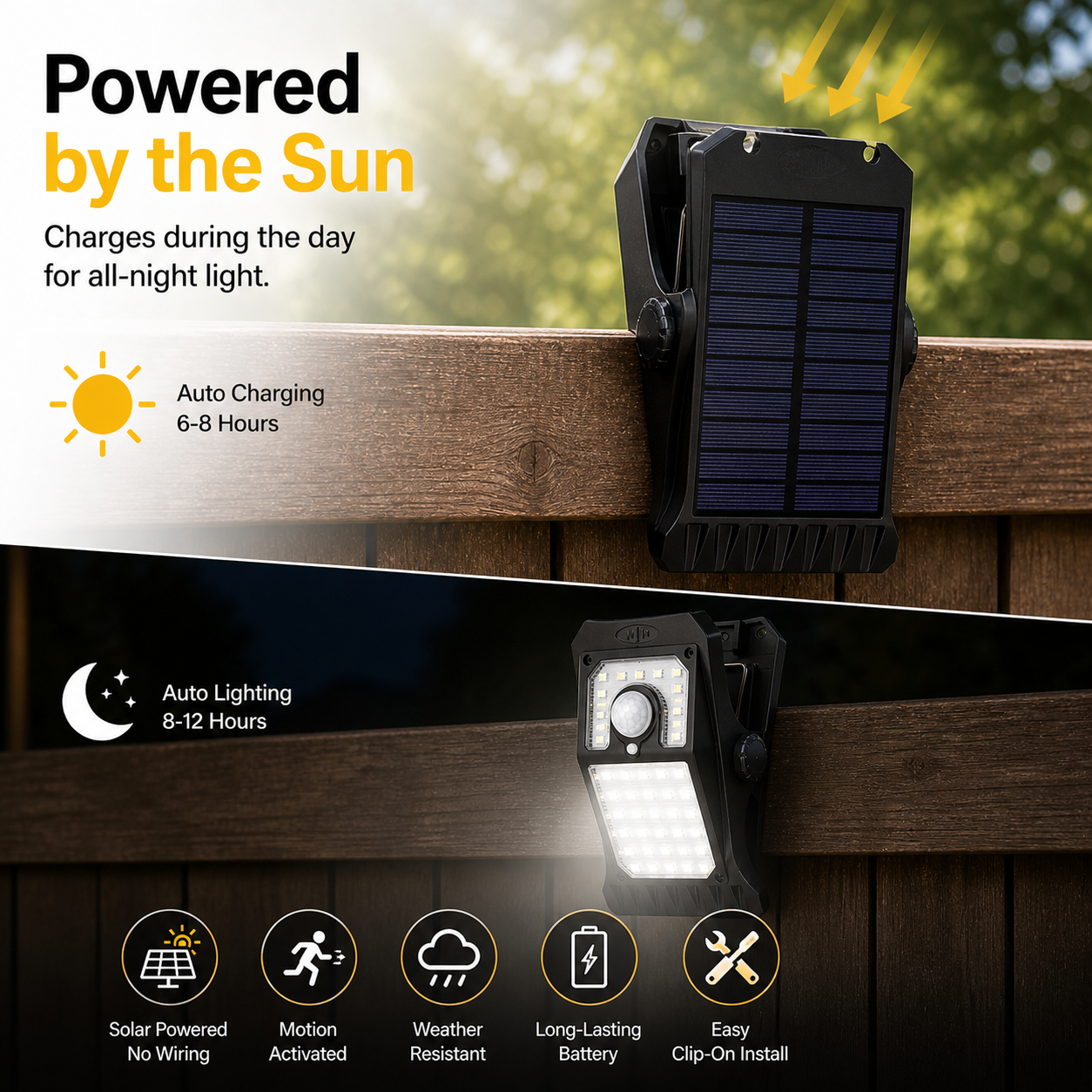 Outdoor solar garden lights and motion-activated lights