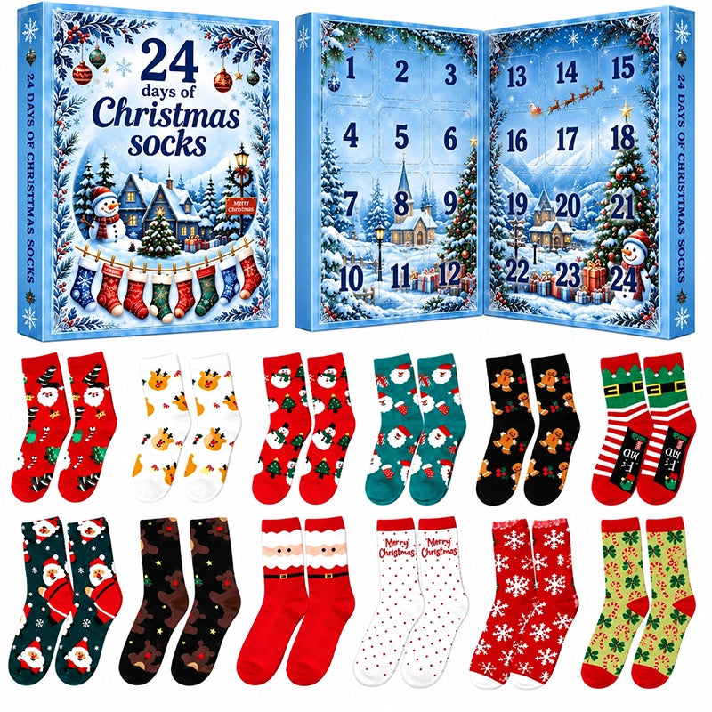 Blue Christmas sock advent calendar with twelve festive pairs