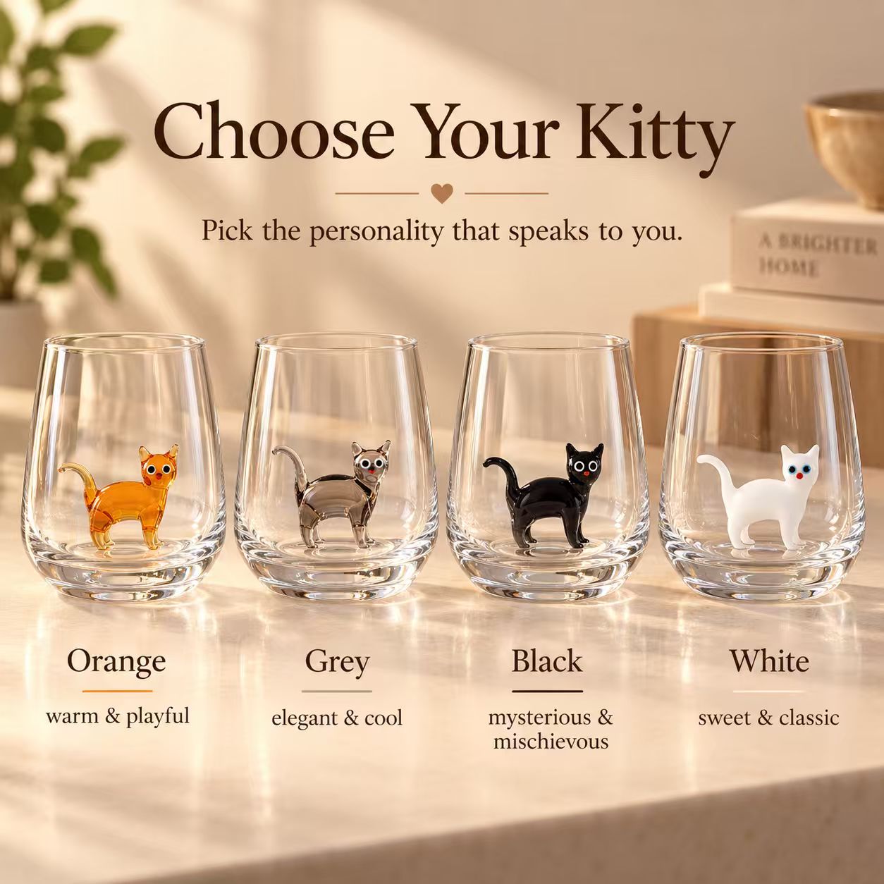 Orange Grey Black White Cat Wine Glass Options