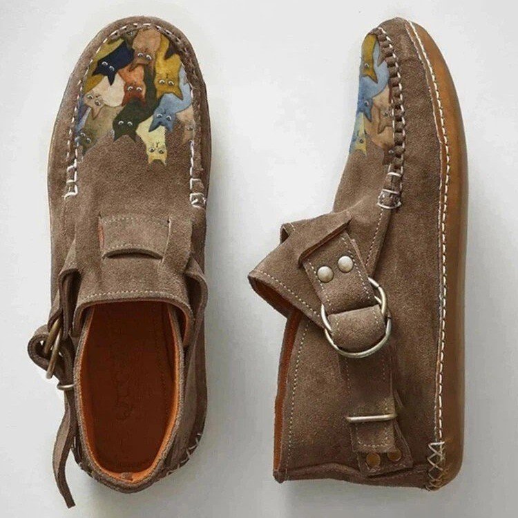 Women’s Handmade Style Cat Print Moccasins – Vintage Comfort Flats