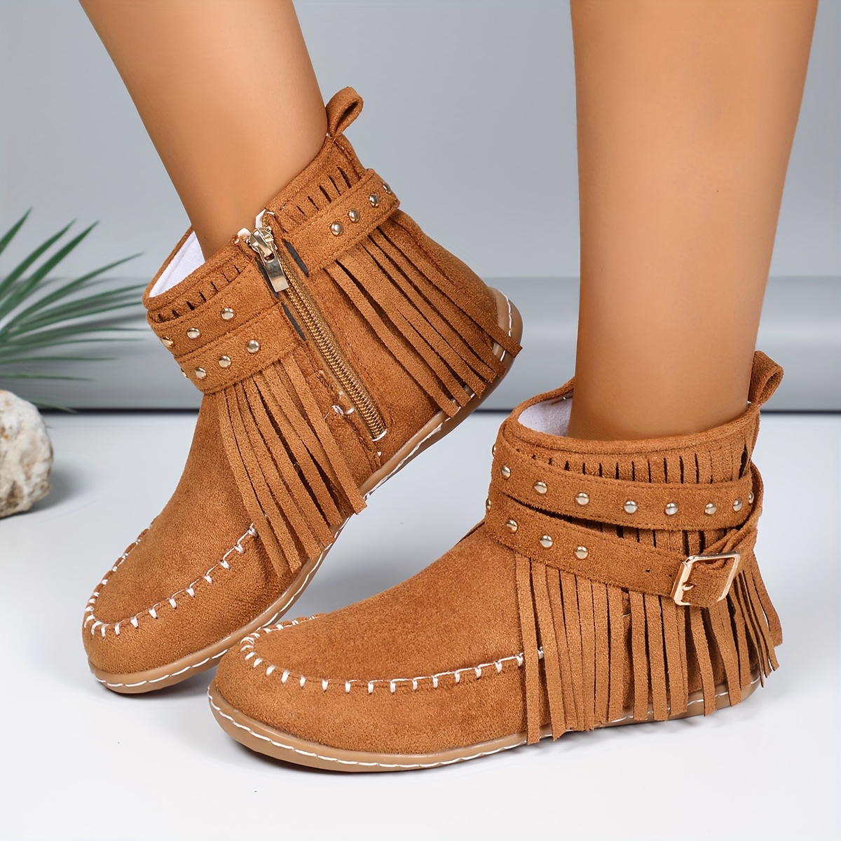 Women’s Vintage Fall Ankle Boots – Comfortable Flat Fringe Boots