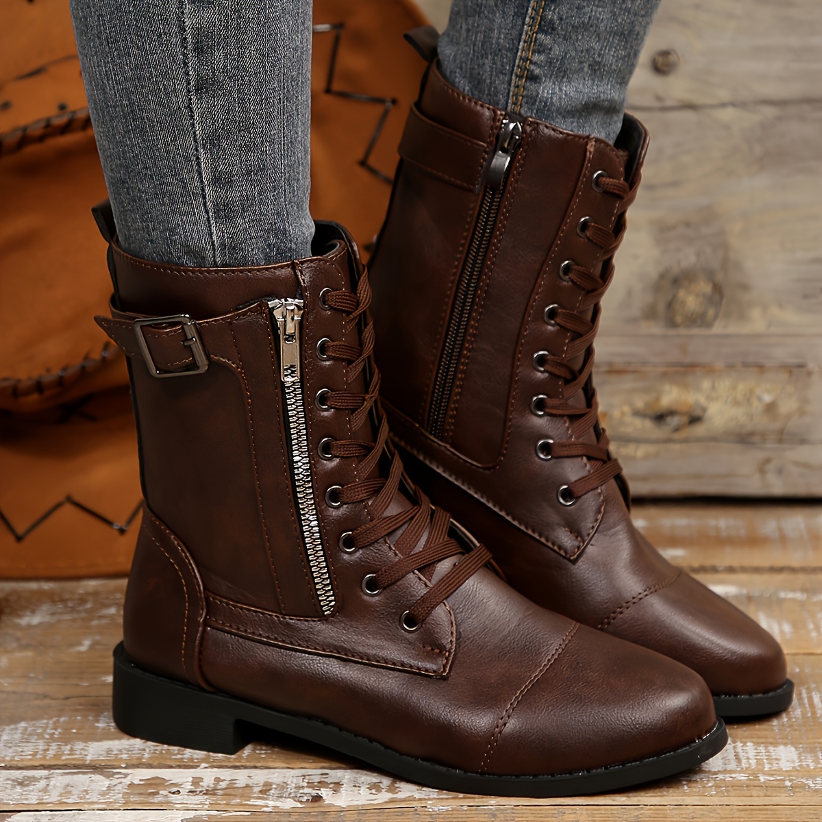 Women’s Vintage Lace-Up Boots – Classic Mid-Calf Boots with Low Heel & Side Zipper