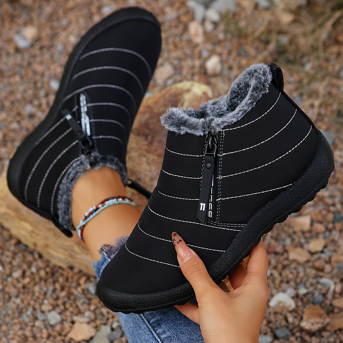 Women’s Warm Winter Snow Boots – Fur-Collar Zip-Up Boots with Non-Slip Sole