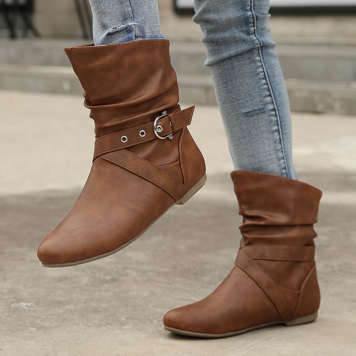 Women’s Vintage Ankle Boots – Flat Sole Boots with Classic Buckle Detail