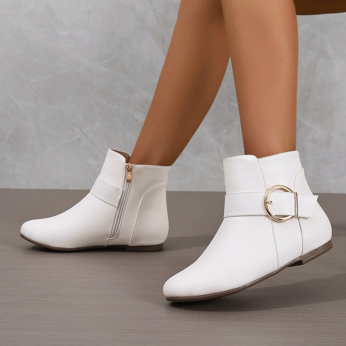 Women’s Vintage Ankle Boots – Comfortable Flat Boots with Buckle & Side Zipper
