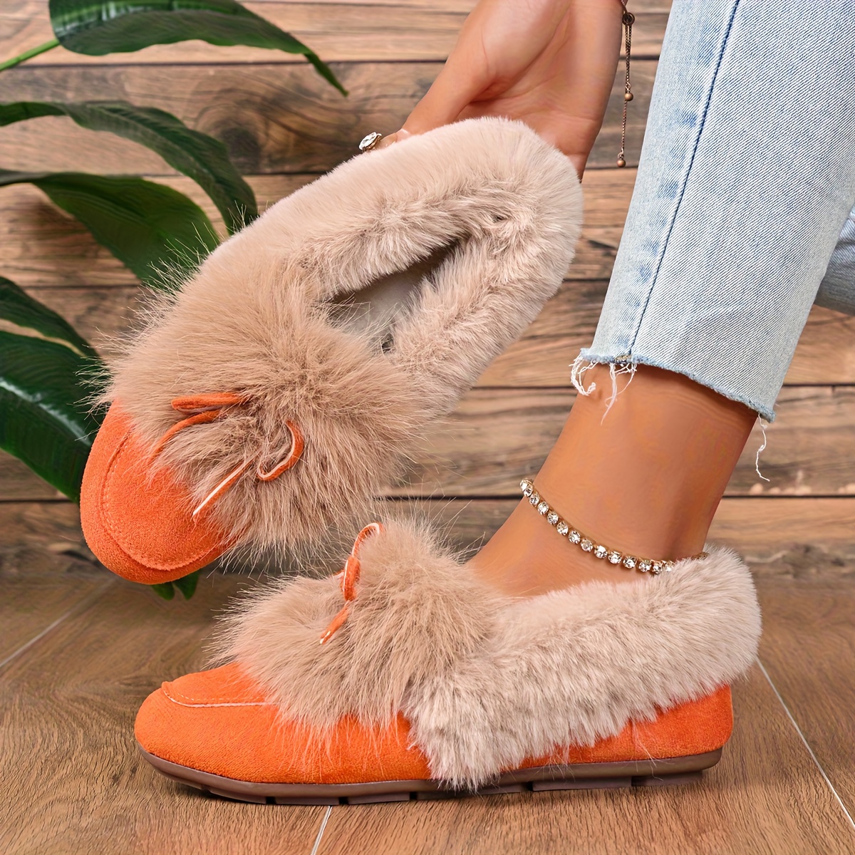 Women's Plush Slip-On Slippers with Bow - Winter Indoor/Outdoor House Shoes