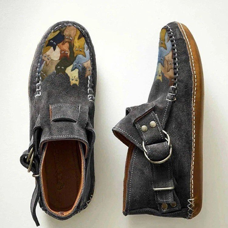 Women’s Handmade Style Cat Print Moccasins – Vintage Comfort Flats