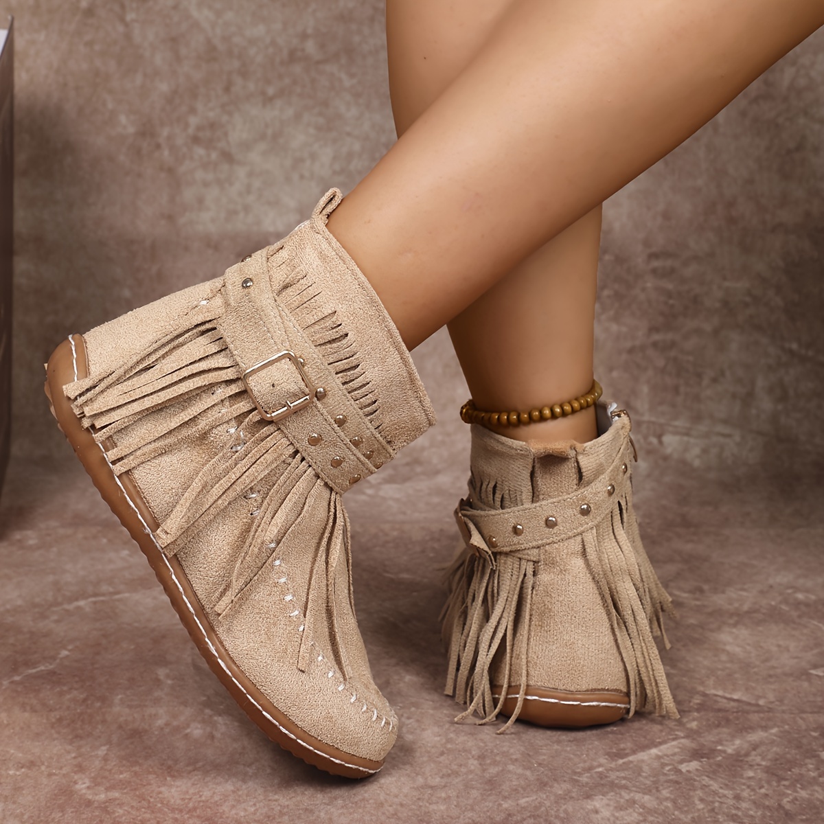 Women’s Vintage Fall Ankle Boots – Comfortable Flat Fringe Boots
