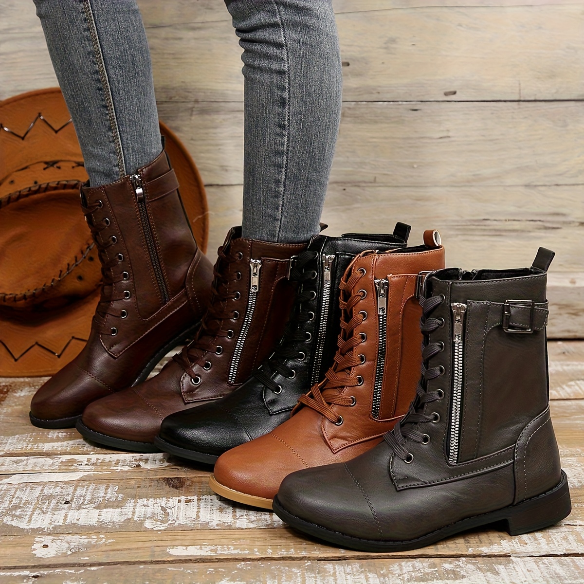 Women’s Vintage Lace-Up Boots – Classic Mid-Calf Boots with Low Heel & Side Zipper