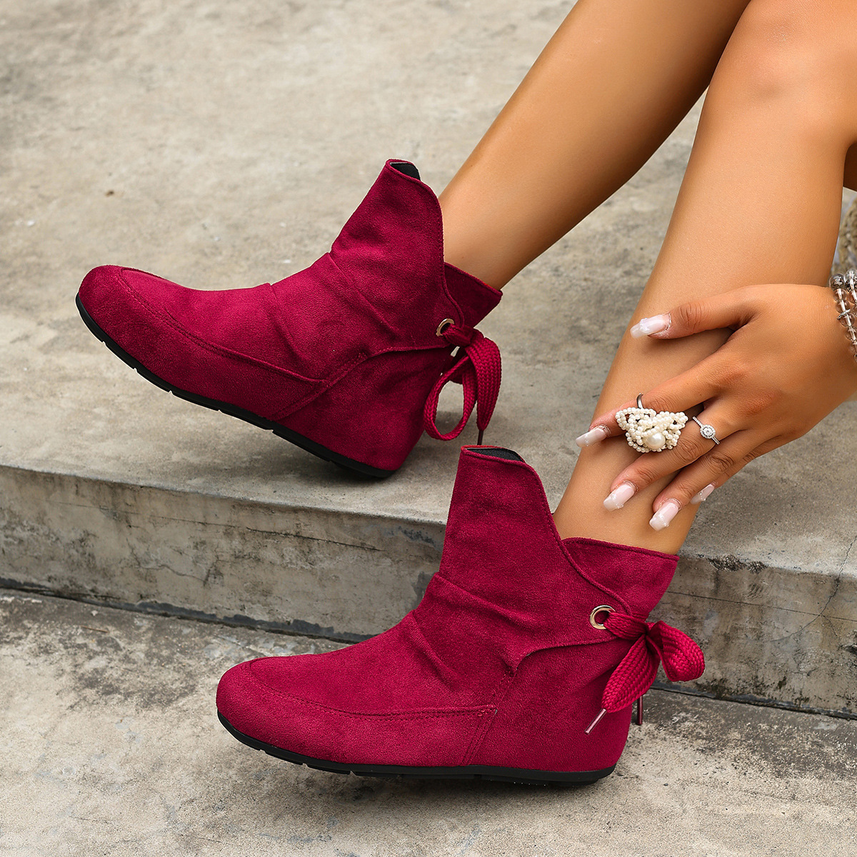 Women’s Vintage Bow Ankle Boots –Comfortable  Lace-Up Flat Shoes for Fall & Winter